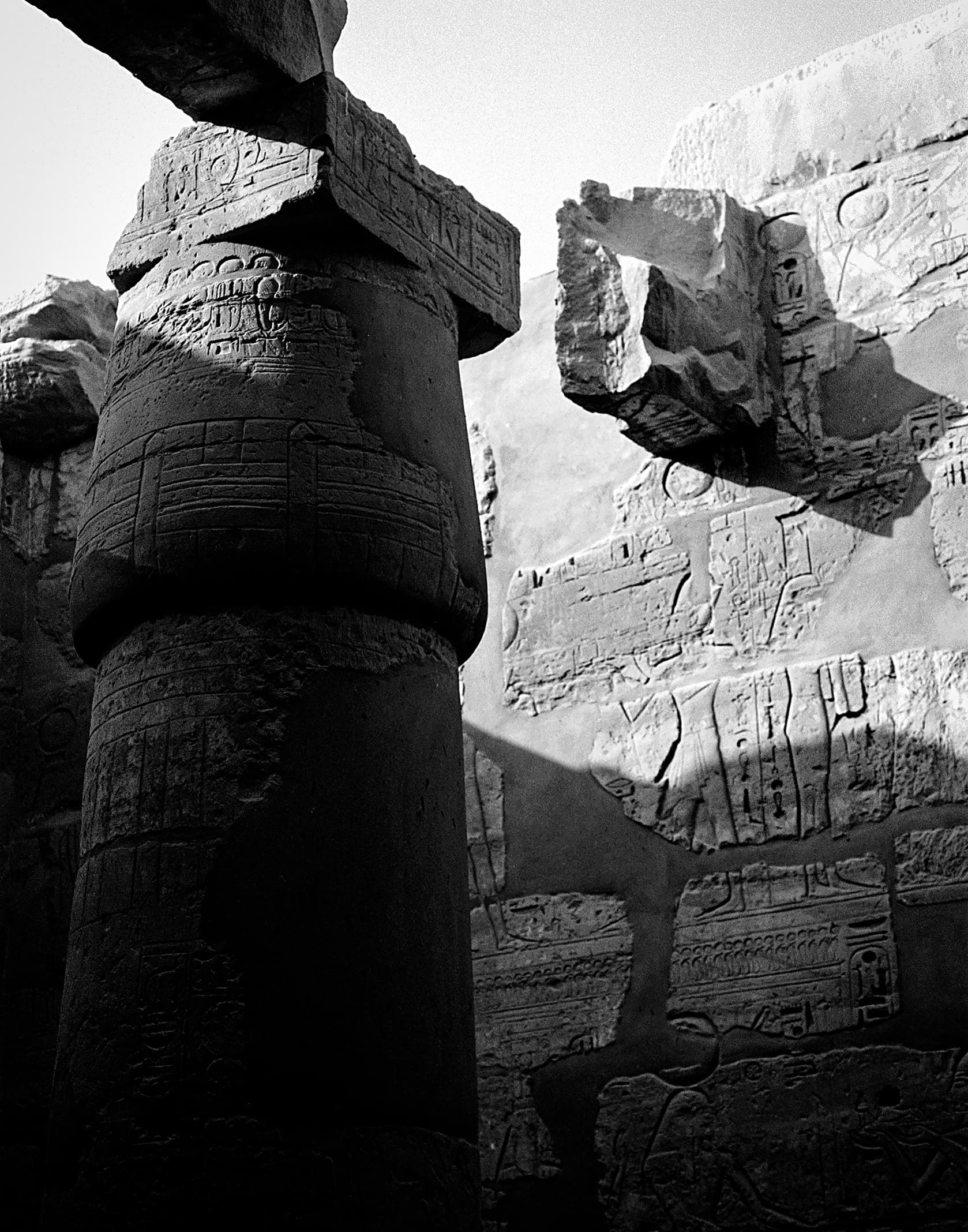 Carved temple column and hieroglyphic relief