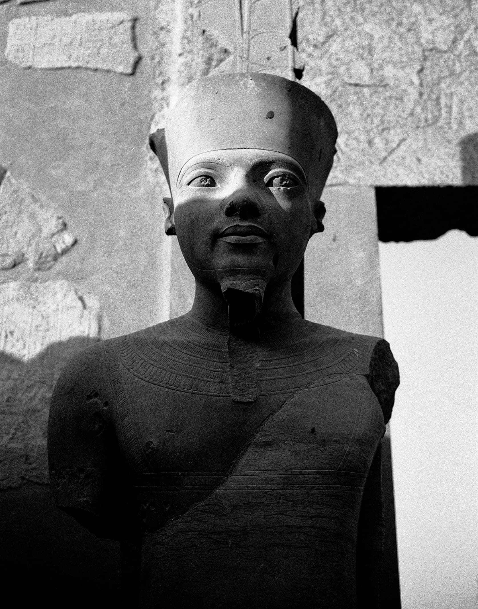 Seated Egyptian statue in strong museum light