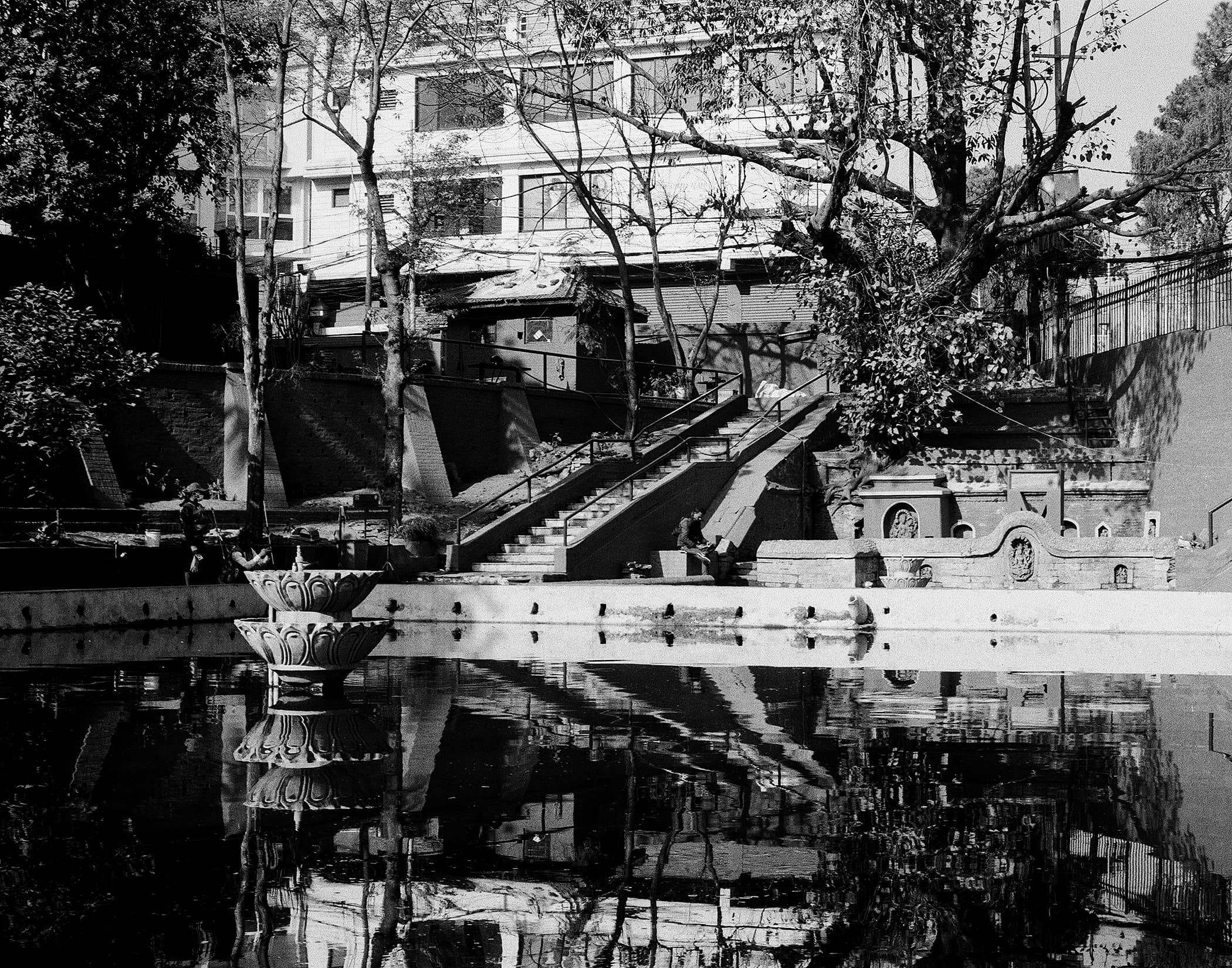 Temple pond with lotus fountain reflecting stairways and trees