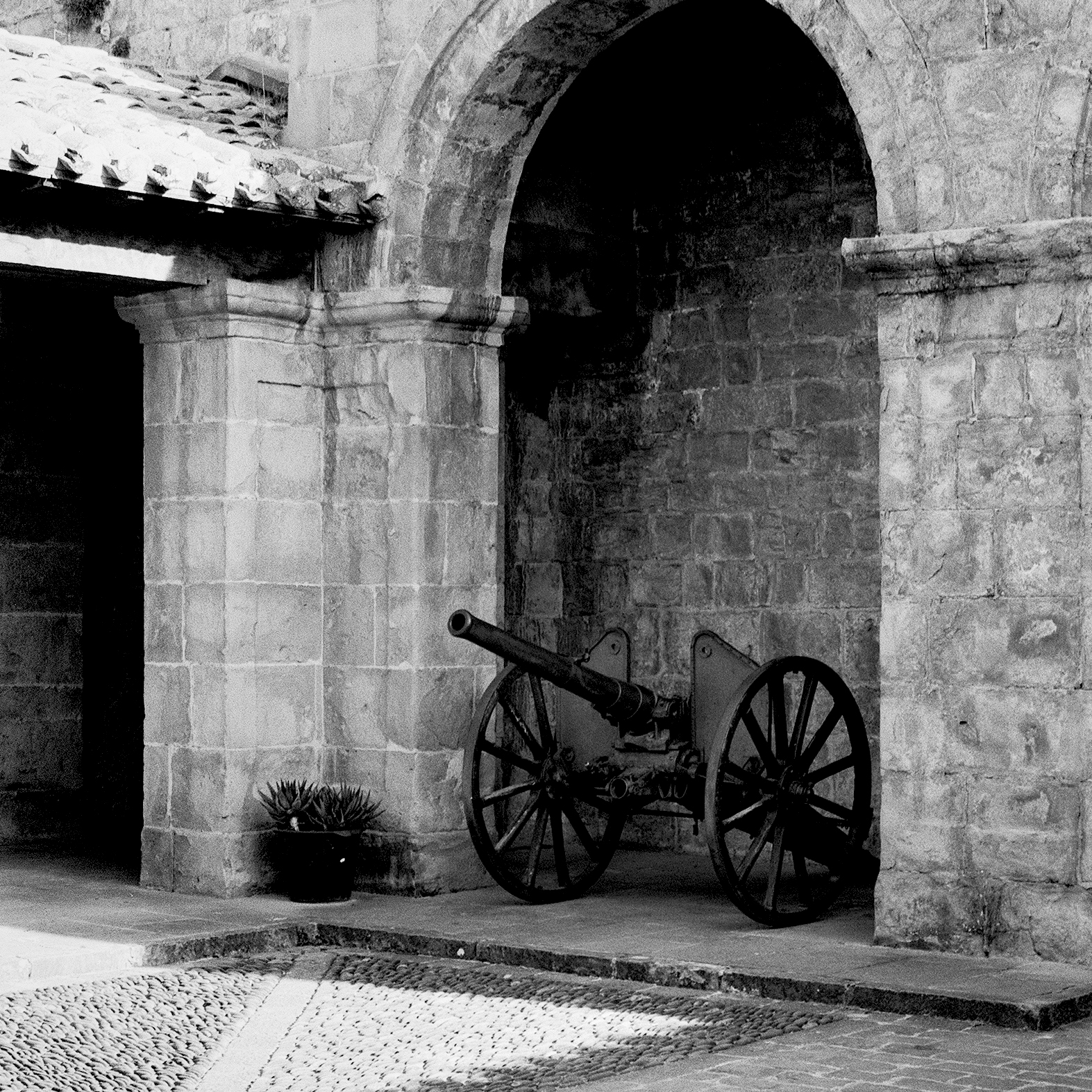 Historic cannon with wooden wheels under stone archway in Spanish fortress courtyard